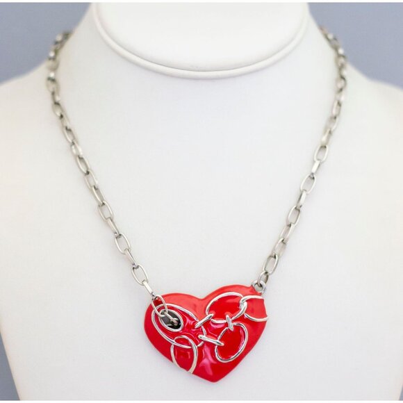 16 inch, Vintage Brutalist Red Heart Choker Chain Necklace - CO1 - Picture 2 of 3
